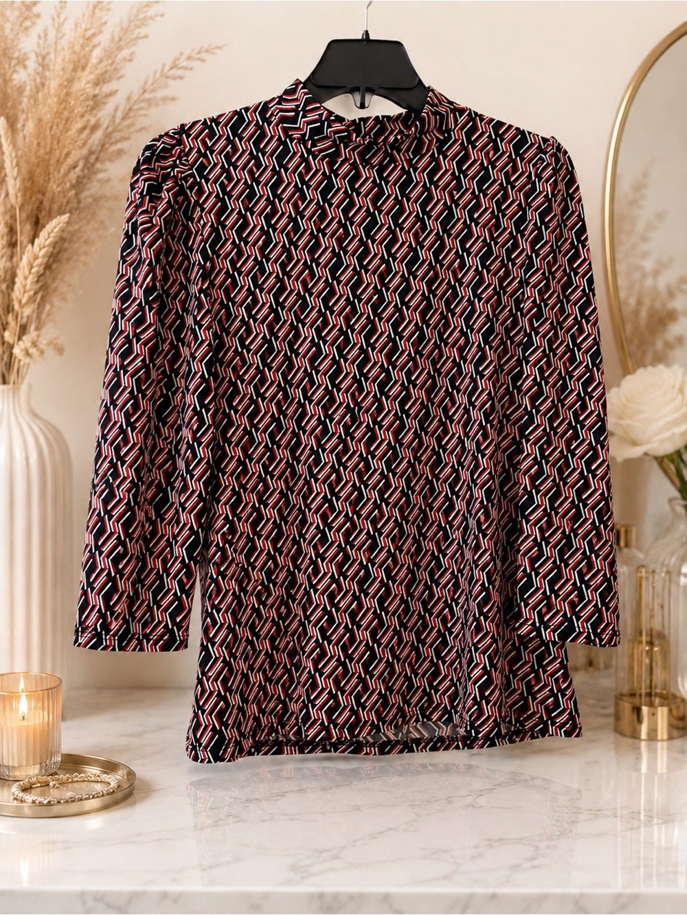 W5 Red Black White Geometric Mock Neck Blouse Sample Women’s Small